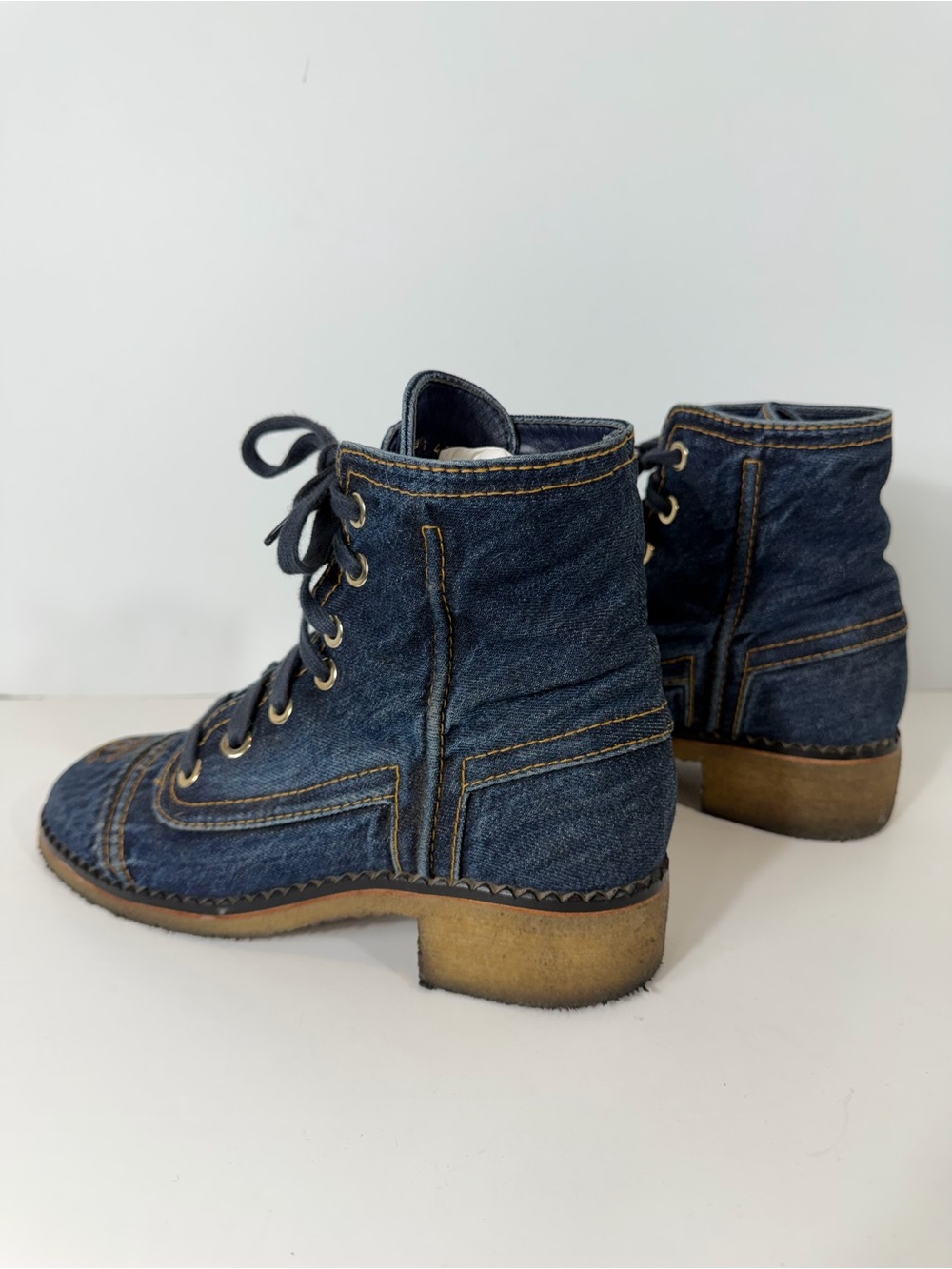 CHANEL Denim Lace Up Ankle Boots CC Logo Size 10 EU 40 Blue Jean Boots - Picture 7 of 13